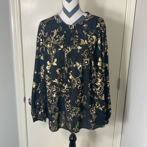 Worthingtons Women’s Black‎ & Gold Damask Blouse Plus Size 1X
